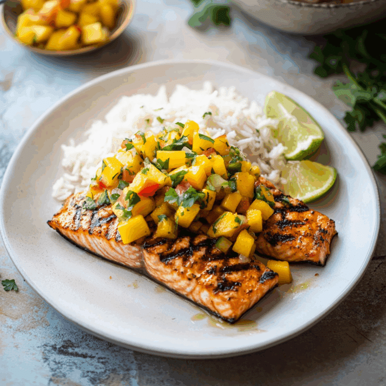 Grilled Salmon with Mango Salsa & Coconut Rice