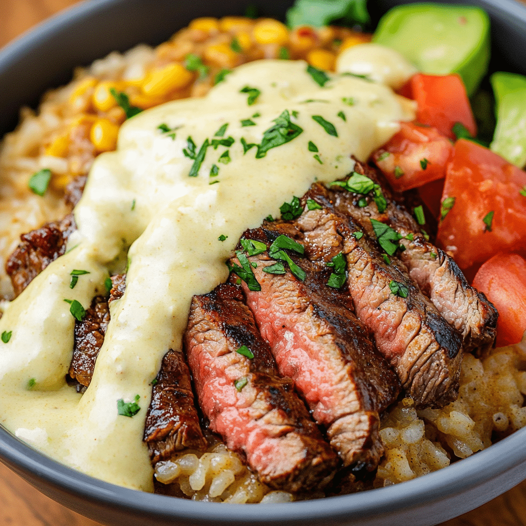 Steak & Rice Bowl with Queso Sauce