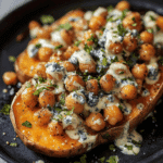 Slow Roasted Sweet Potatoes with Spicy Garlic Chickpeas and Blue Cheese Sauce Recipe