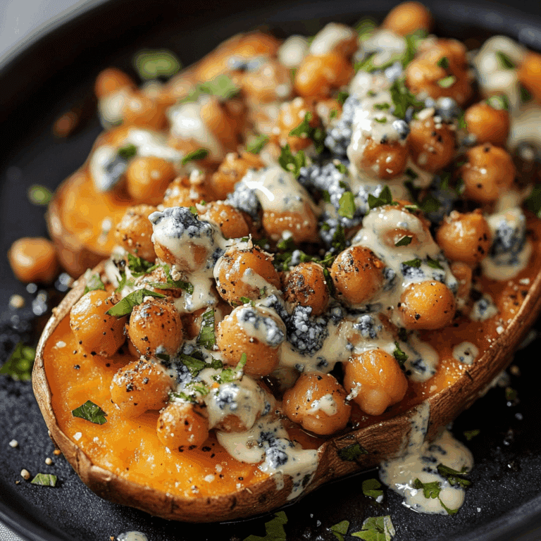 Slow Roasted Sweet Potatoes with Spicy Garlic Chickpeas and Blue Cheese Sauce Recipe