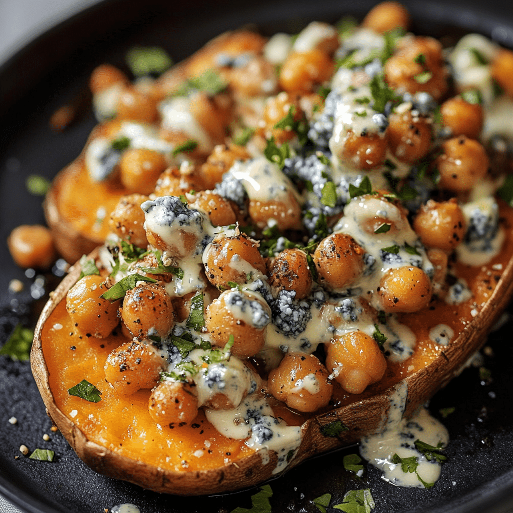 Slow Roasted Sweet Potatoes with Spicy Garlic Chickpeas and Blue Cheese Sauce Recipe