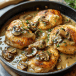 Smothered Chicken in Mushroom Wine Pan Sauce