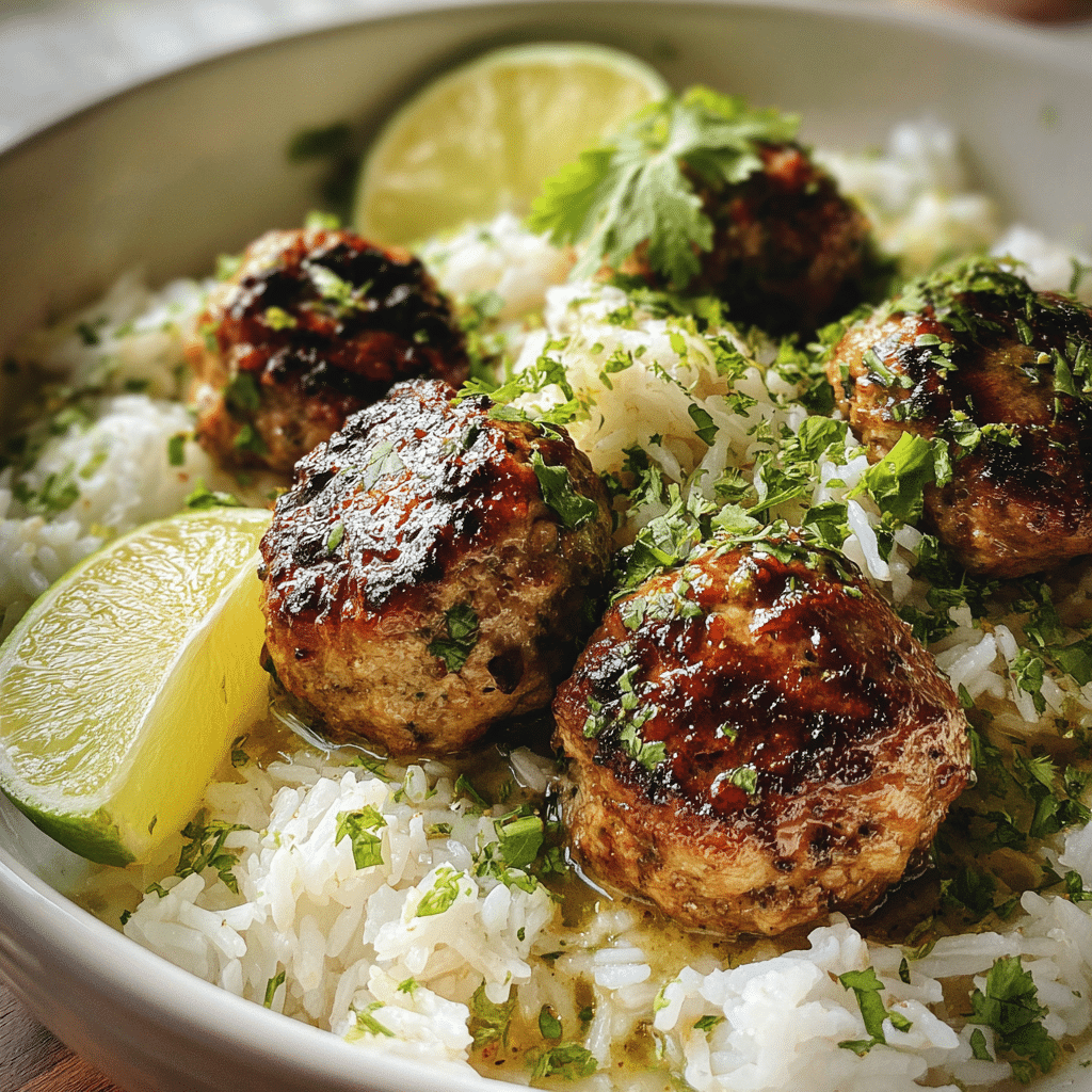Cilantro-Lime Turkey Meatballs with Rice and Lime